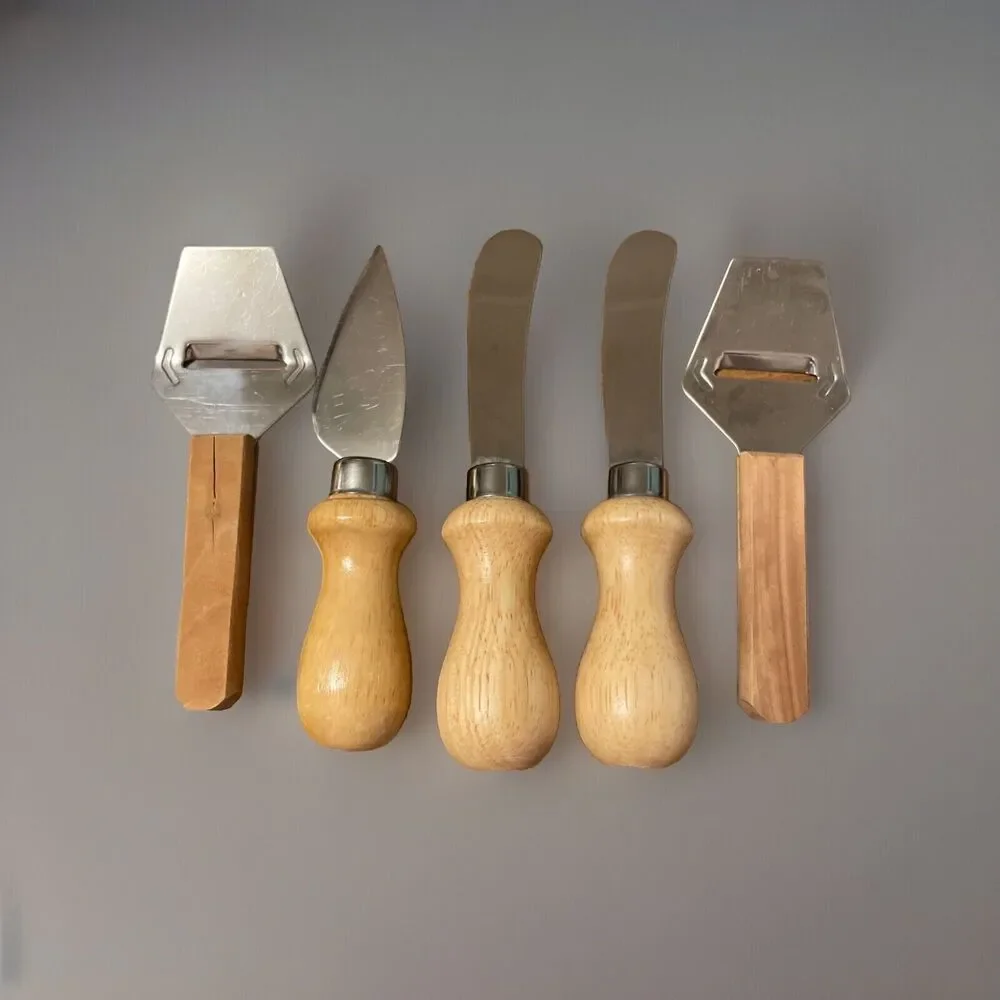 Vintage Stainless Steel Cheese Knife Spreaders Slicers Wooden Handles
